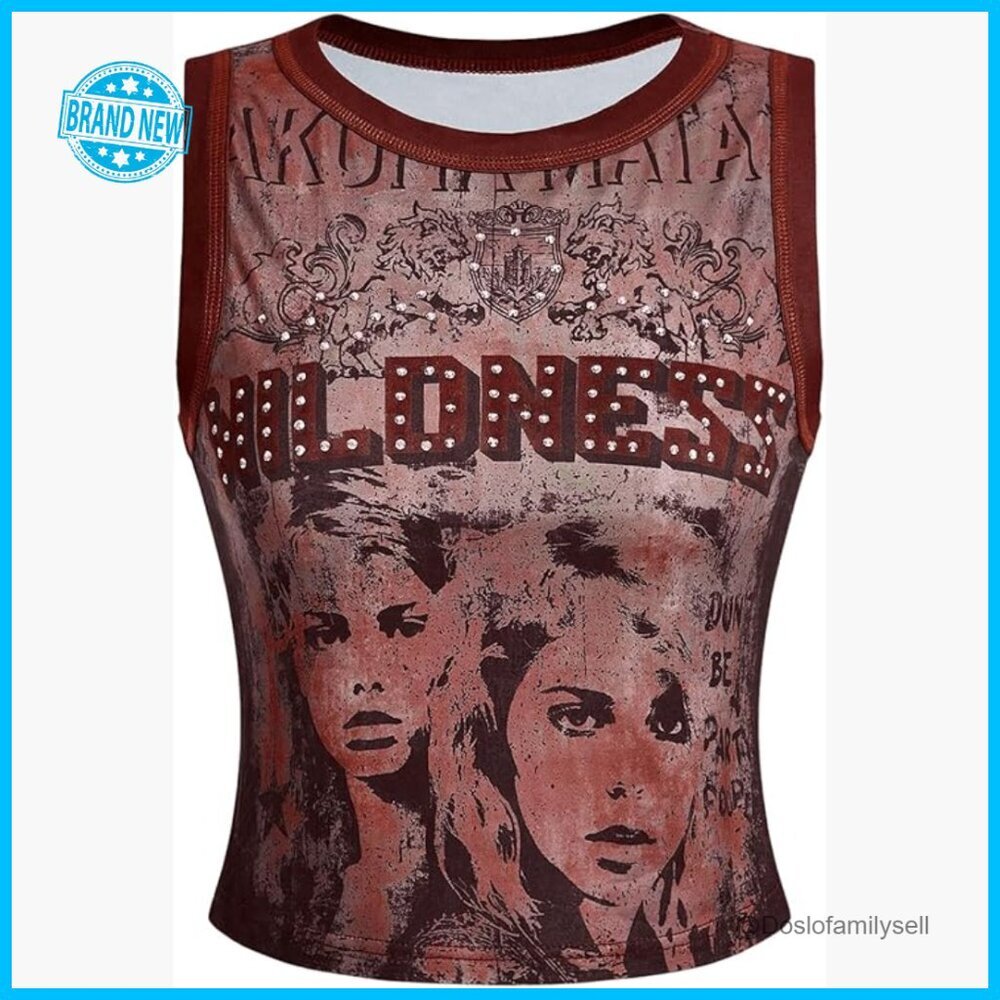 Y2K Punk Graphic Crew Neck Tank Top Sleeveless Slim Fit Vest Tops